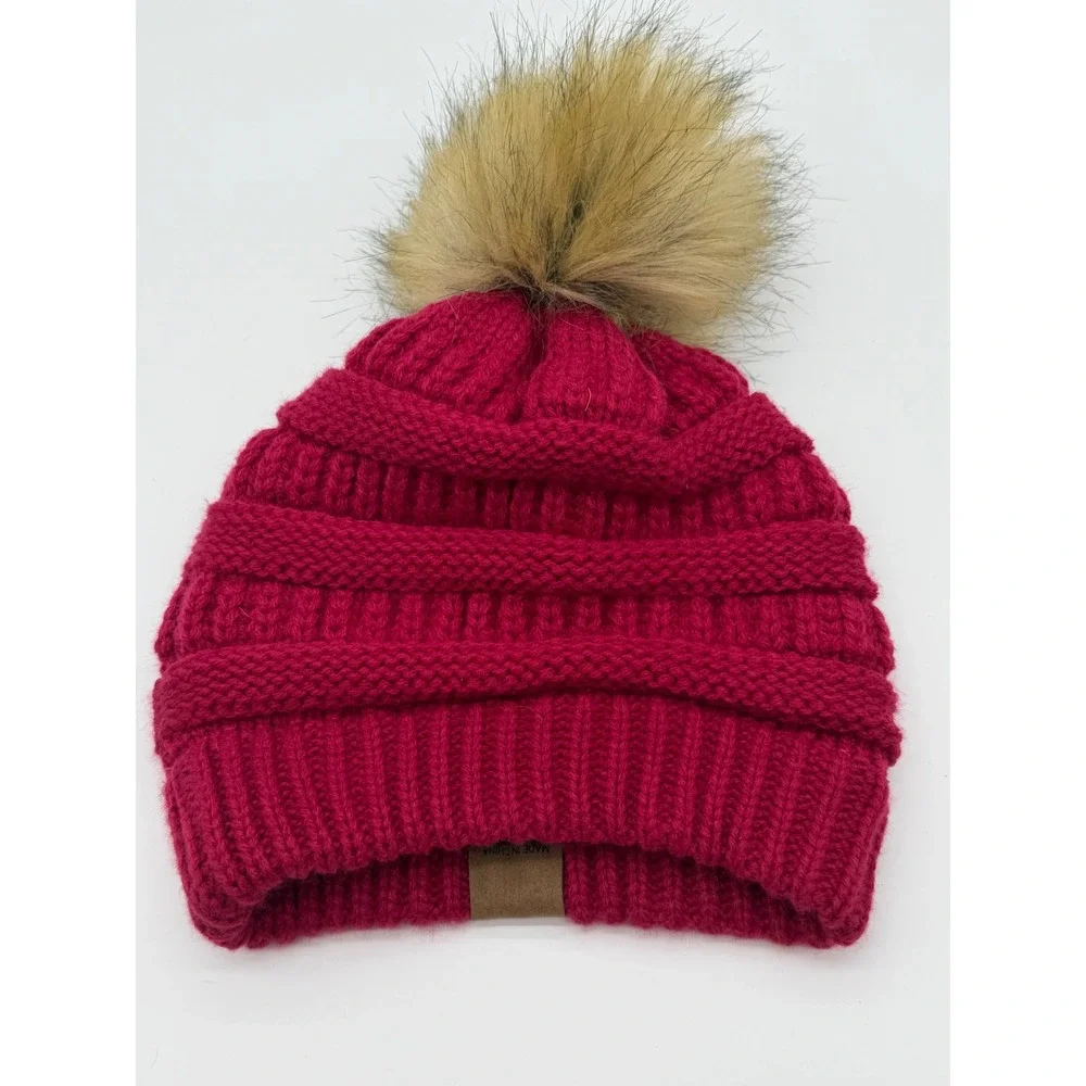 C.C Beanie Magenta Pink Cable Knit Winter Hat‎ with Faux Fur Pom Pom Womens